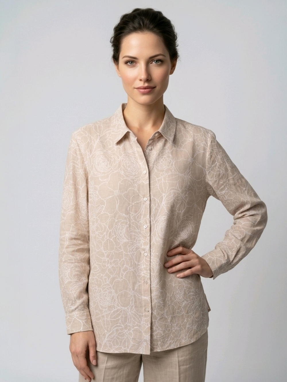 NWT J Jill Women's Linen Button Down Shirt Floral Dark Oatmeal 2X  Relaxed Fit
